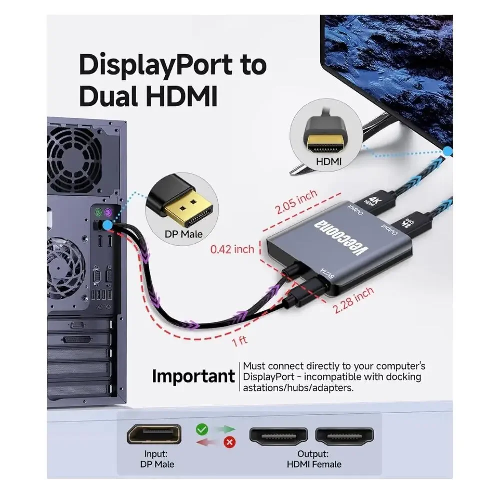 New DisplayPort to Dual HDMI Adapter 1 in 2 Out  DP Source to HDMI Splitter